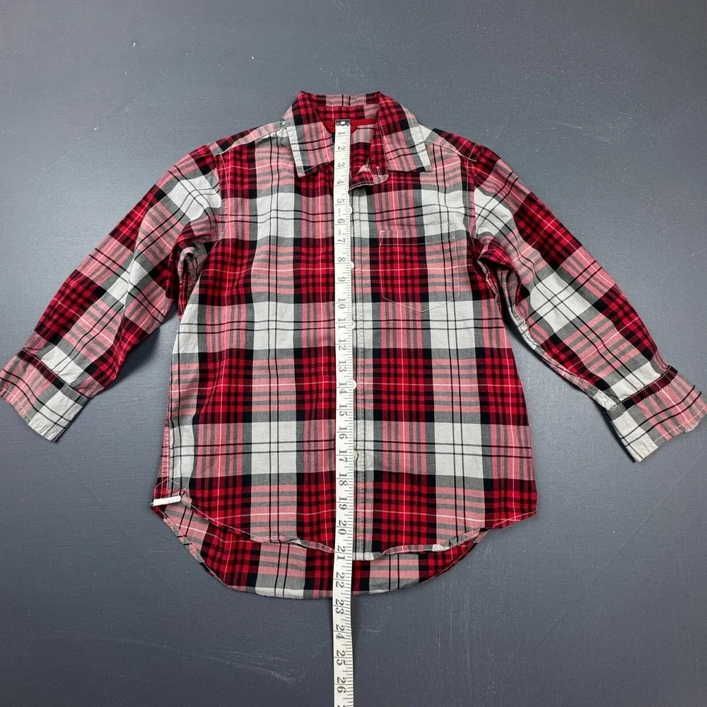 Gap Boys 4/5 Red Grey Plaid Button Up Long Sleeve Cotton Casual Shirt Classic